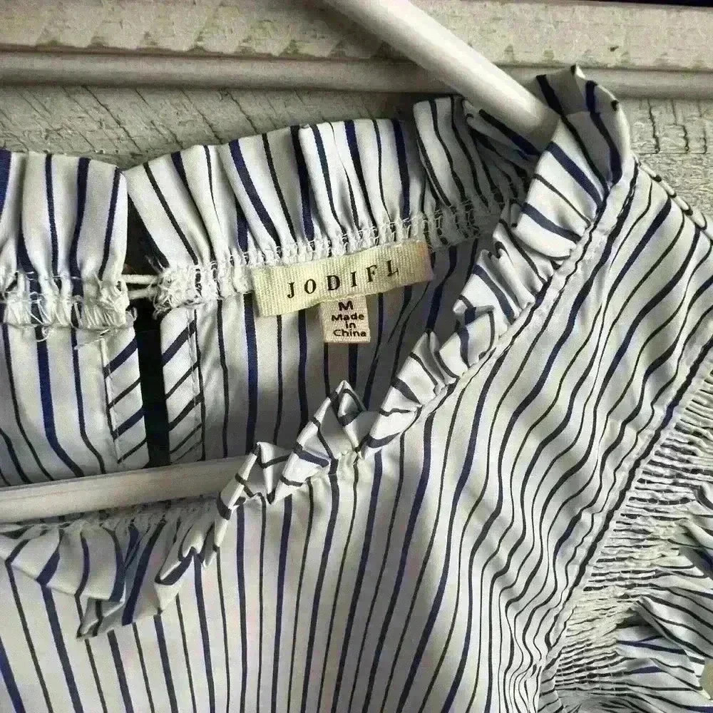 Jodifl Mock line neck & ruffle sleeved top with blue stripes - Picture 2 of 6